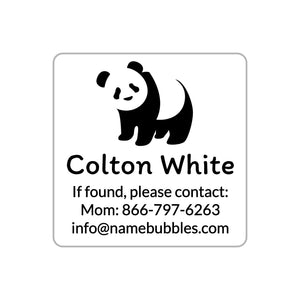waterproof kids label with panda design and contact information