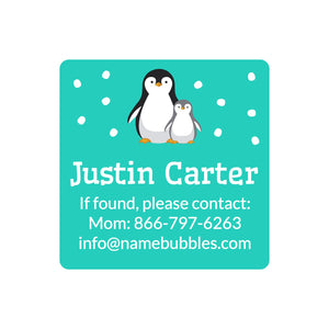 dishwasher safe square contact labels with a pair of penguins